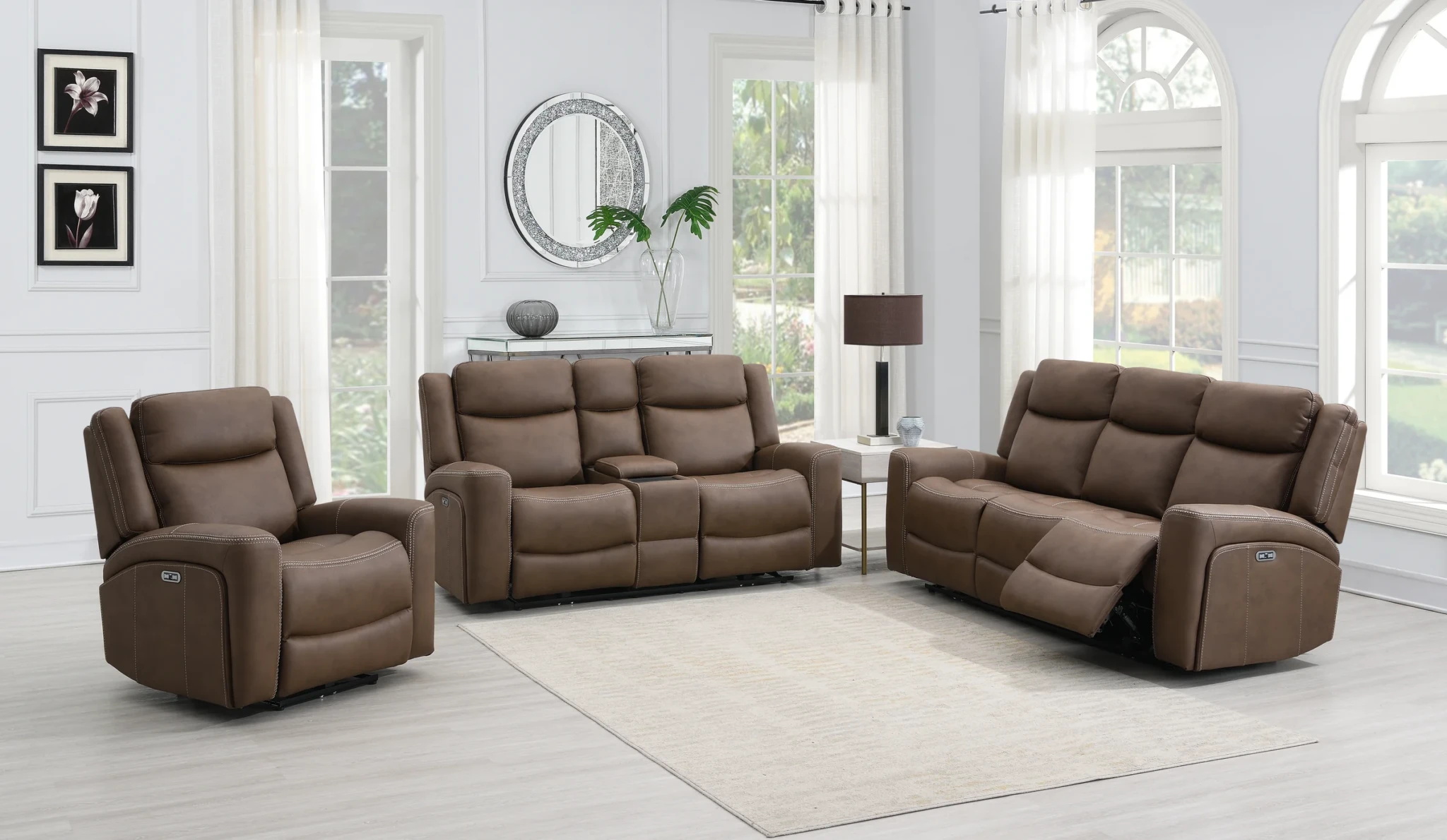 Ember power recliner suite in warm leather